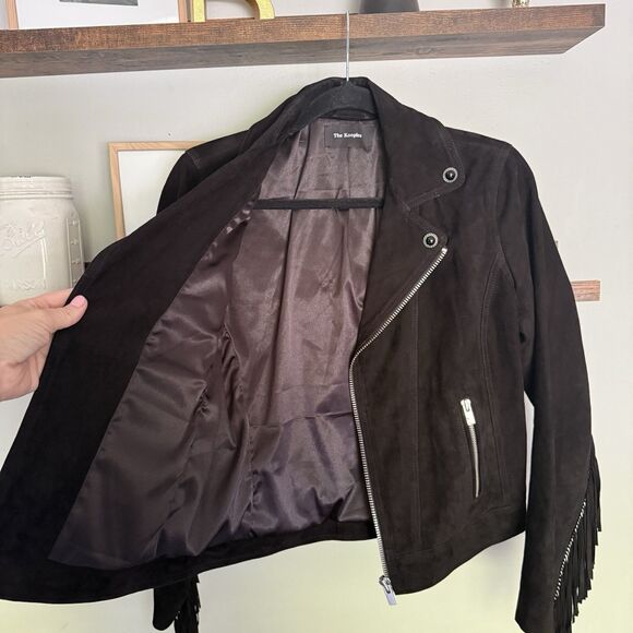 The Kooples Women S Fringed Jacket Goat Leather Soft Suede Biker Black Jacket - Picture 7 of 9